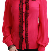 Pink Silk Black Sequin Lace Shirt Blouse