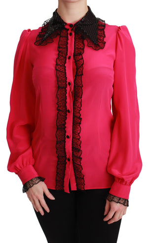 Pink Silk Black Sequin Lace Shirt Blouse