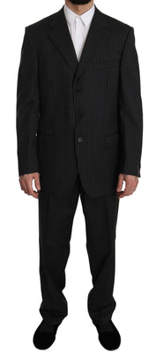 Black Striped Two Piece 3 Button 100% Wool Suit