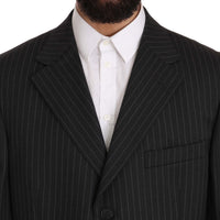 Black Striped Two Piece 3 Button 100% Wool Suit