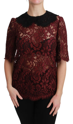 Maroon Floral Lace Elbow Sleeves Top Blouse