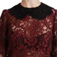 Maroon Floral Lace Elbow Sleeves Top Blouse
