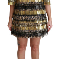 Polyester Black Gold Leopard Shift Mini Dress
