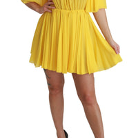 Yellow Pleated A-line Mini 100% Silk Dress