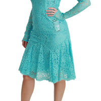 Blue Lace Knee Length Sheath Cotton Dress