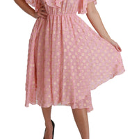 Silk Pink Polka Dots Pleated A-line Midi Dress