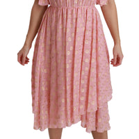 Silk Pink Polka Dots Pleated A-line Midi Dress