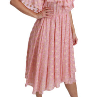 Silk Pink Polka Dots Pleated A-line Midi Dress