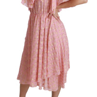 Silk Pink Polka Dots Pleated A-line Midi Dress