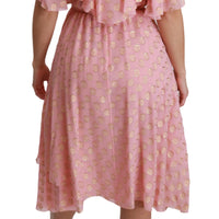 Silk Pink Polka Dots Pleated A-line Midi Dress