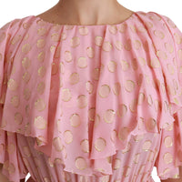 Silk Pink Polka Dots Pleated A-line Midi Dress