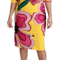 Yellow Floral Crystal Bodycon Sheath Dress