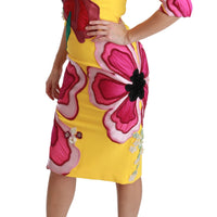 Yellow Floral Crystal Bodycon Sheath Dress