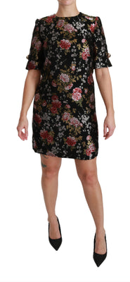 Black Floral Brocade Sheath Mini Dress