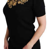 Black Cashmere Gold Floral Sweater Top