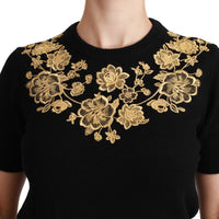 Black Cashmere Gold Floral Sweater Top