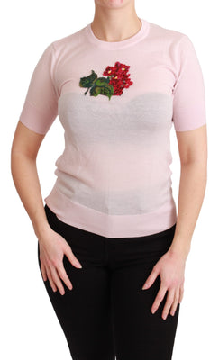 Pink Floral Embroidered Blouse Cashmere Top