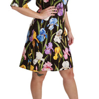 Black Cotton Silk Floral Shift Dress