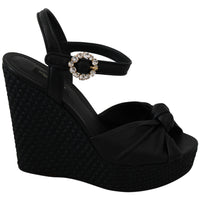 Black Crystal Ankle Strap Wedge Sandals Shoes