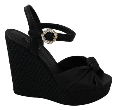 Black Crystal Ankle Strap Wedge Sandals Shoes