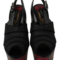 Black Floral Crystal Ankle Strap Sandals