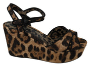 Brown Leopard Raffia Wedge Sandals Shoes