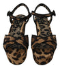 Brown Leopard Raffia Wedge Sandals Shoes