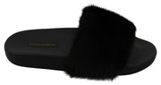 Black Fur Slides Flats Beachwear Sandals Shoes