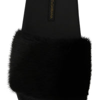 Black Fur Slides Flats Beachwear Sandals Shoes