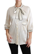 Beige 3/4 Sleeve Shirt Blouse Silk Top