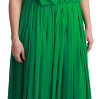 100% Silk Green Sleeveless Pleated Maxi Dress