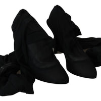 Black Tulle Stretch Knee Booties Heels Shoes