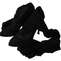 Black Tulle Stretch Knee Booties Heels Shoes