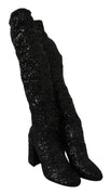 Black Sequined Stretch Knee High Boots Shoes