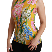Yellow Floral Stretch Top Tank Blouse