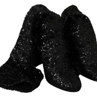 Black Sequined Stretch Knee High Boots Shoes