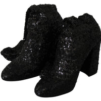 Black Sequined Stretch Knee High Boots Shoes