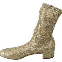 Gold Sequined Stretch Ankle High Boots