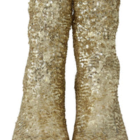 Gold Sequined Stretch Ankle High Boots