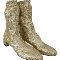 Gold Sequined Stretch Ankle High Boots