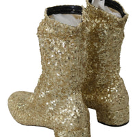 Gold Sequined Stretch Ankle High Boots