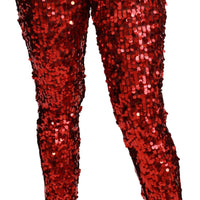 Red Sequined Cropped Trousers Pants