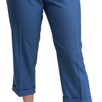 Blue Pleated Wool Cuffed Cropped Trouser Pants
