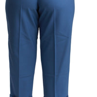 Blue Pleated Wool Cuffed Cropped Trouser Pants