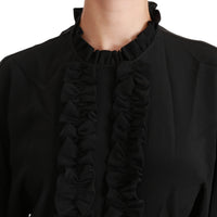 Black Silk Shirt Ruffled Top Blouse