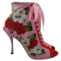 Pink Floral Jersey Stretch Open Toe Boots Shoes