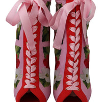 Pink Floral Jersey Stretch Open Toe Boots Shoes