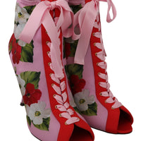 Pink Floral Jersey Stretch Open Toe Boots Shoes