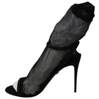 Black Tulle Stretch Stilettos Sandals Shoes