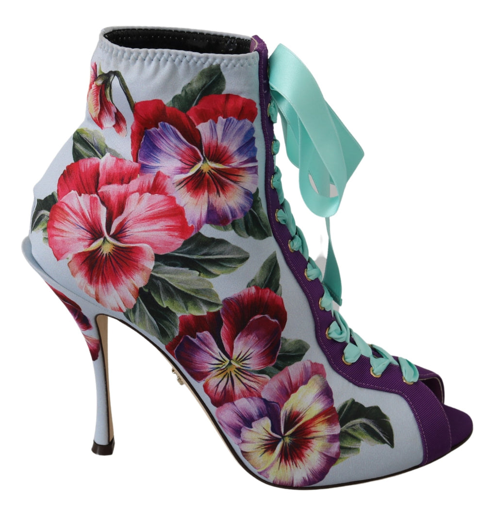 Purple Floral Jersey Stretch Open Boots Shoes